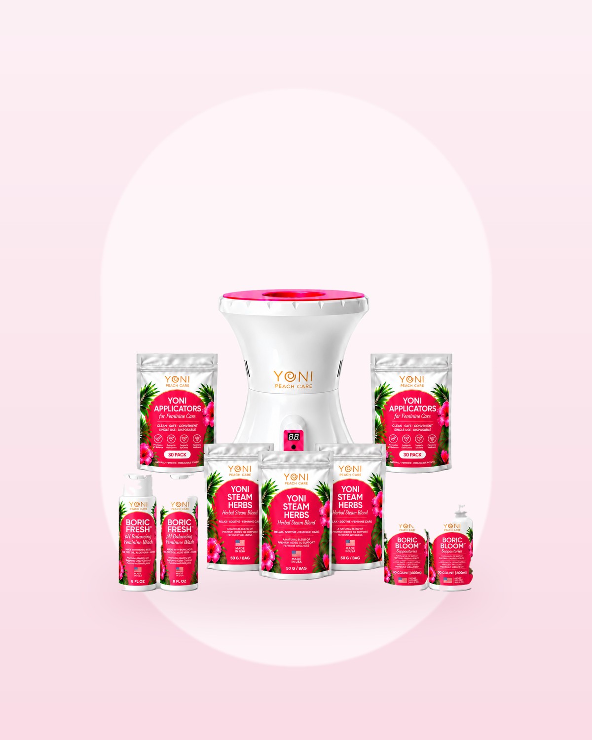 Peach Bae Complete Bundle by Yoni Peach Care, photographed on a soft blush background