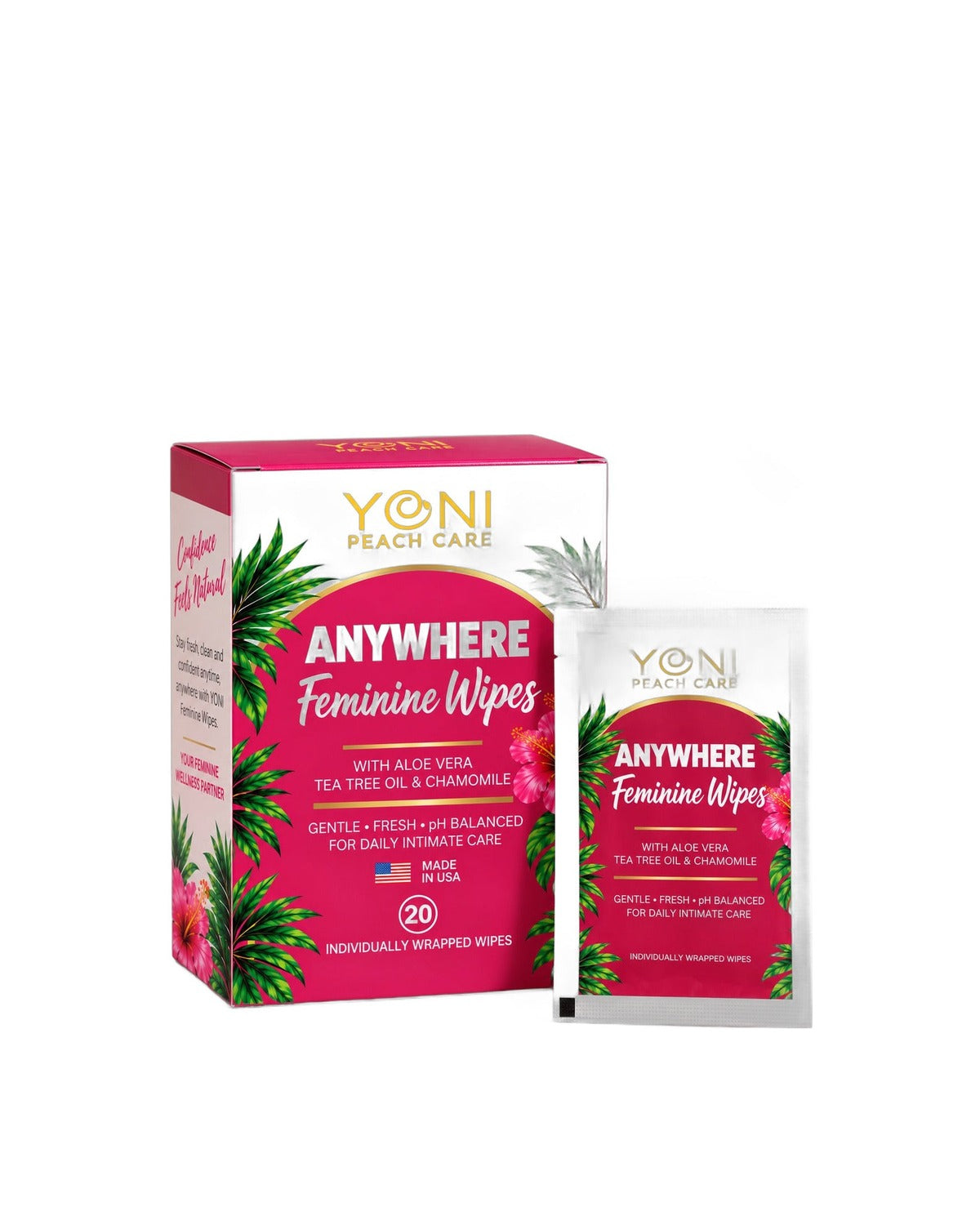 Yoni Peach Care Anywhere Feminine Wipes, box of 20 individually wrapped wipes with aloe vera and chamomile