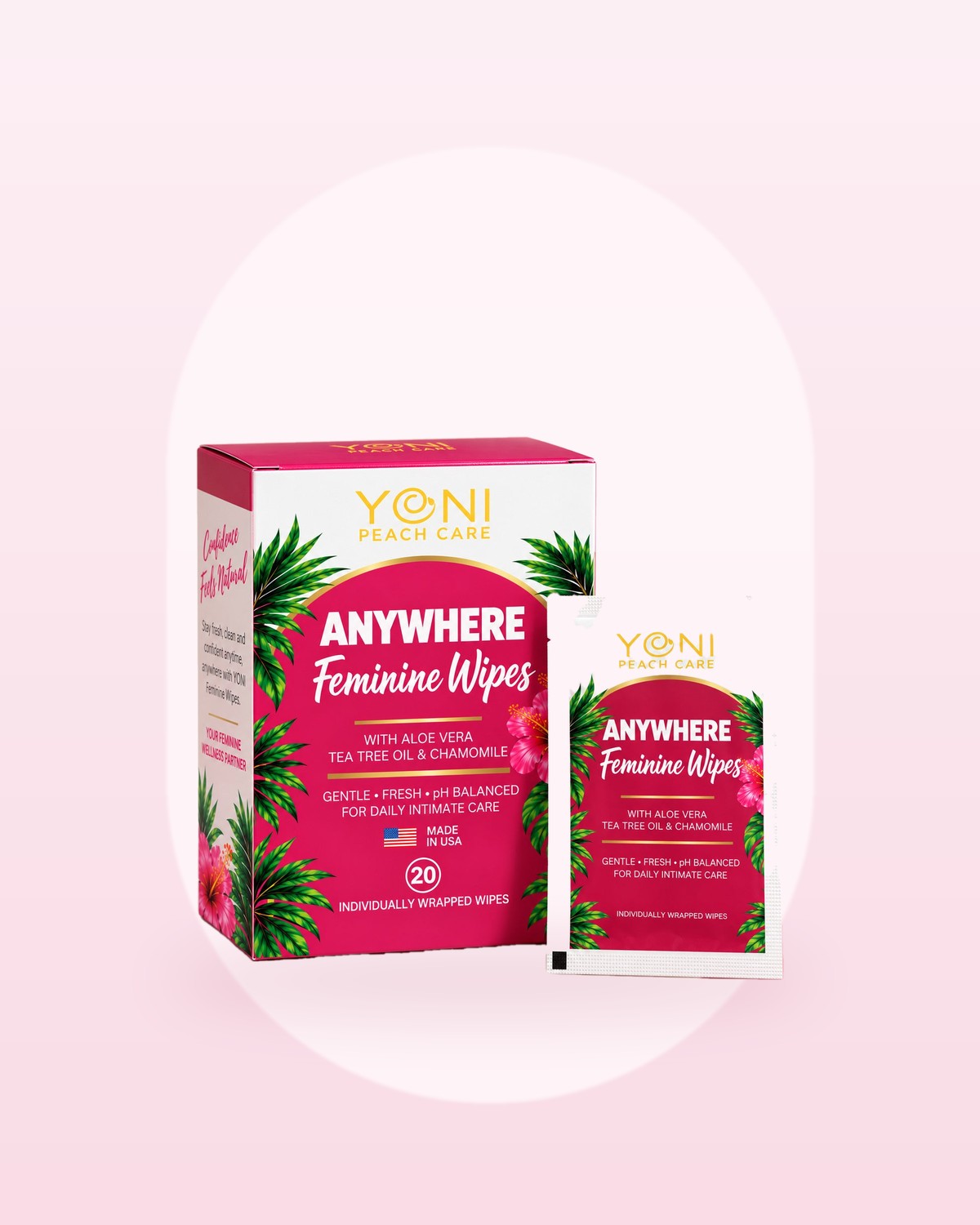 Peach Bae On-The-Go Wipes by Yoni Peach Care, photographed on a soft blush background