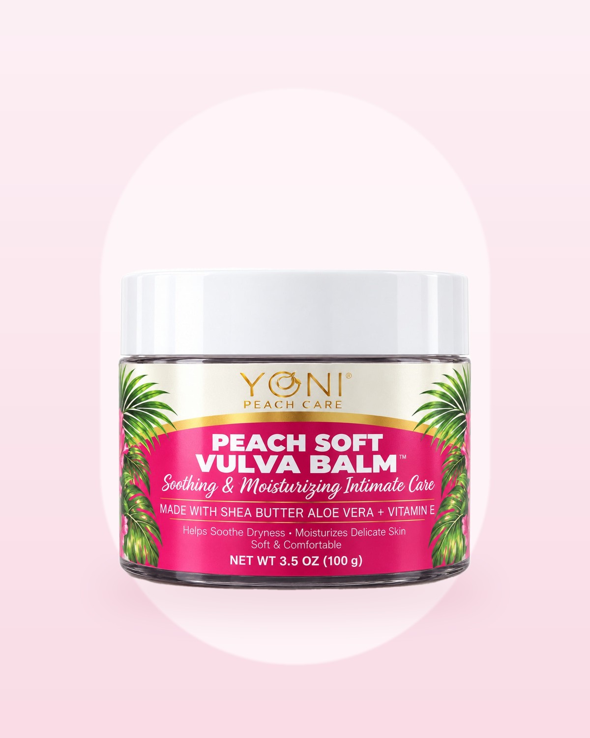 Peach Soft Vulva Balm by Yoni Peach Care, photographed on a soft blush background
