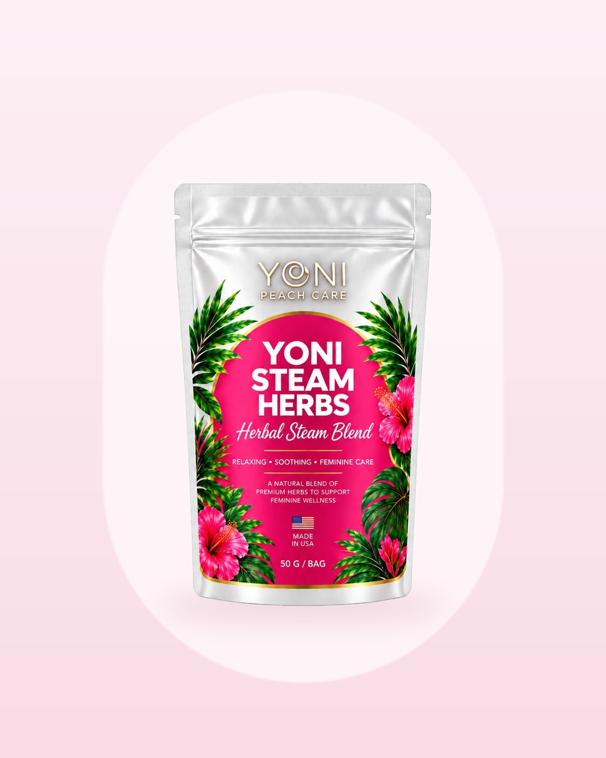 Sacred Feminine Herbal Blend by Yoni Peach Care, photographed on a soft blush background